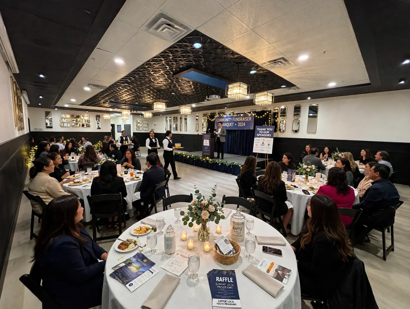Community fundraiser banquet with guests seated at round tables and a speaker on stage at The Hive